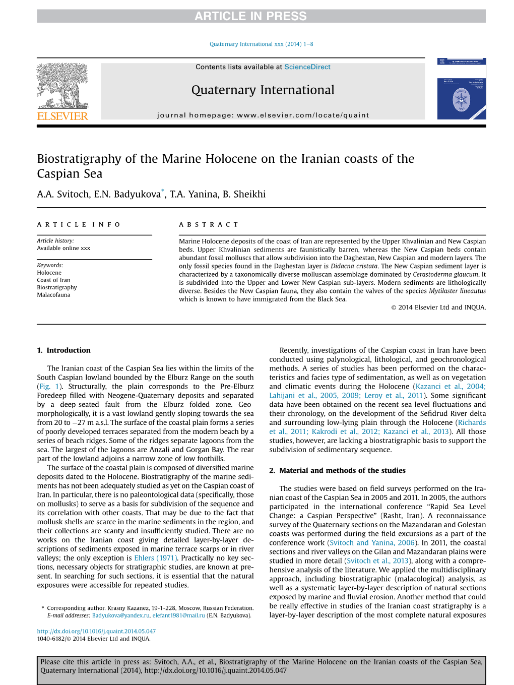 Biostratigraphy of the Marine Holocene on the Iranian Coasts of the Caspian Sea