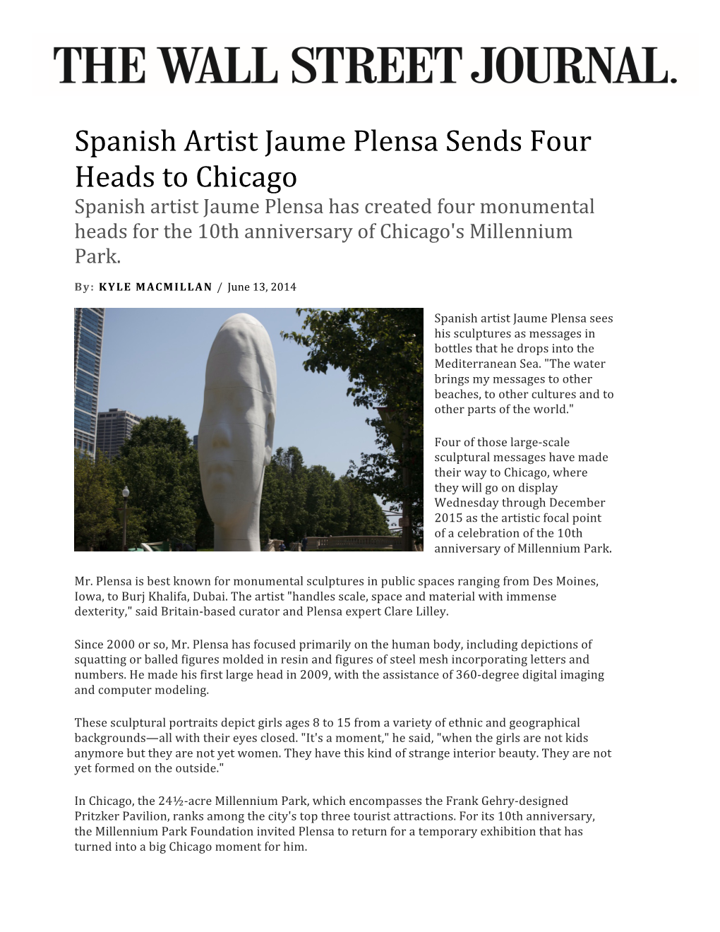 Spanish Artist Jaume Plensa Sends Four Heads to Chicago