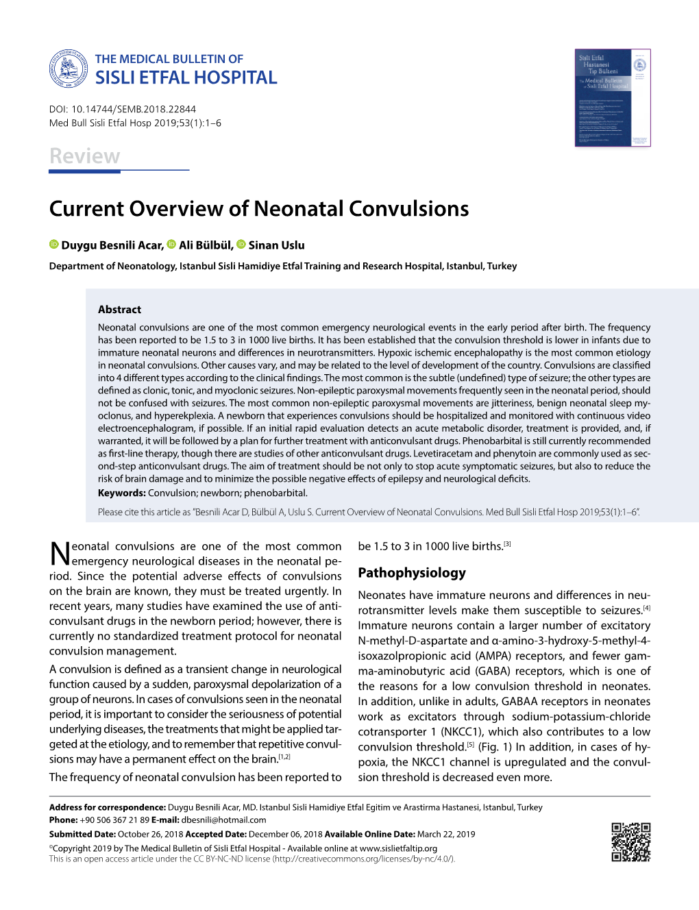 Current Overview of Neonatal Convulsions Review