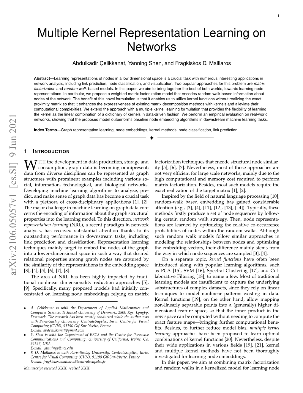 Multiple Kernel Representation Learning on Networks