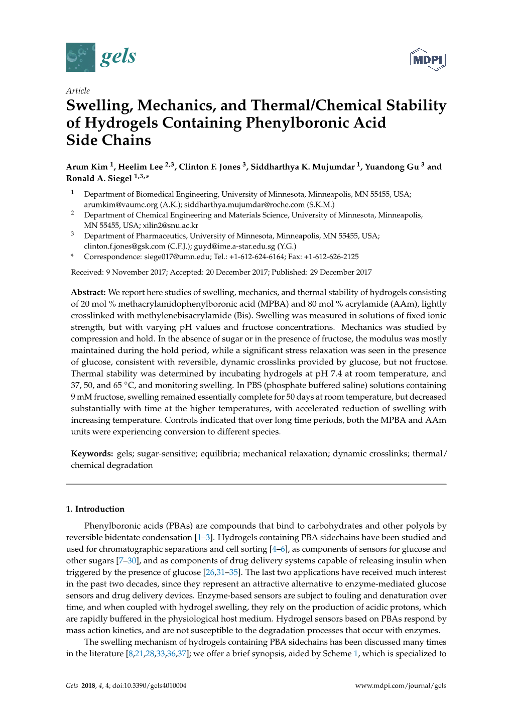 Swelling, Mechanics, and Thermal/Chemical Stability of Hydrogels Containing Phenylboronic Acid Side Chains