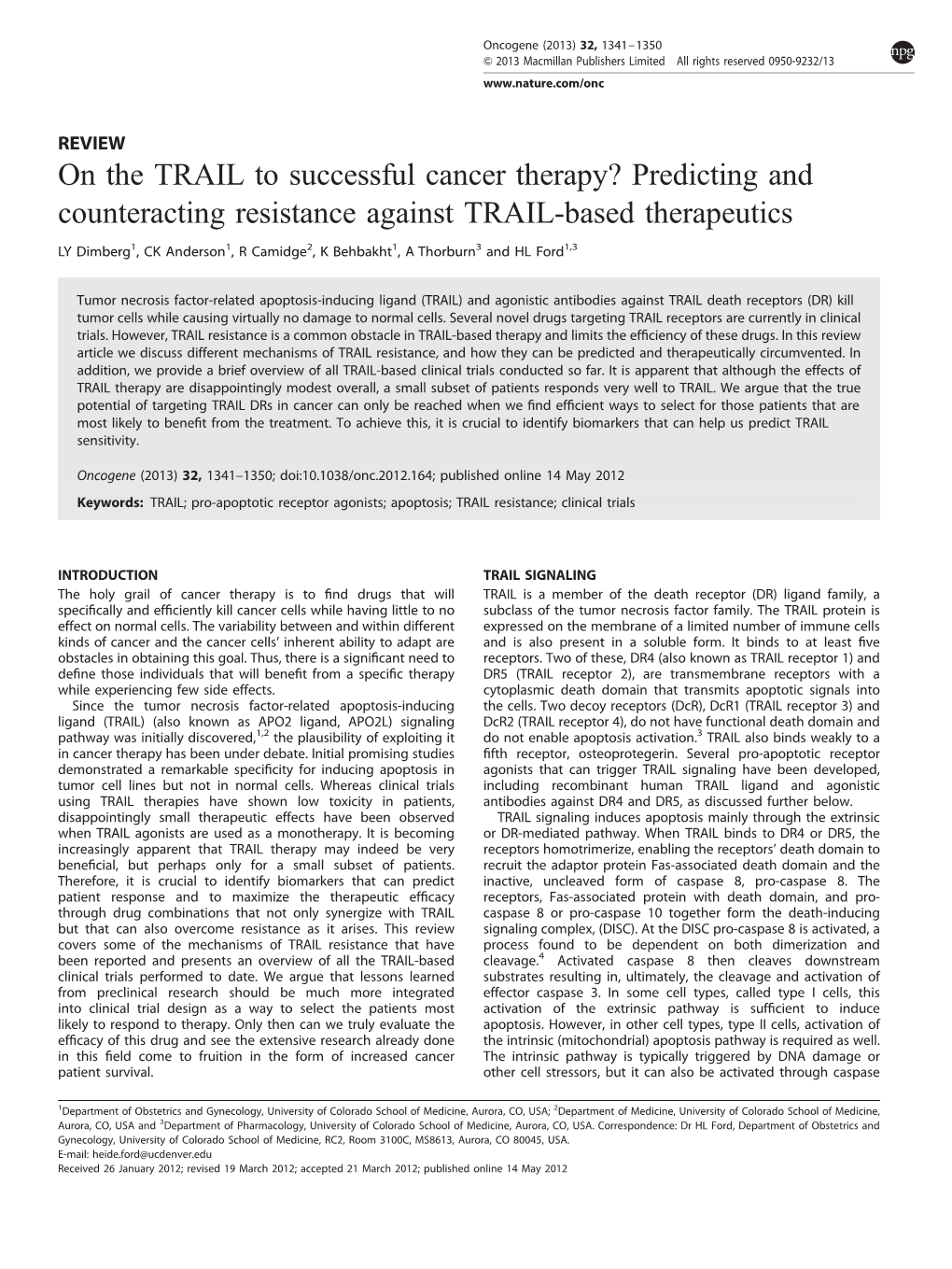 On the TRAIL to Successful Cancer Therapy? Predicting and Counteracting Resistance Against TRAIL-Based Therapeutics