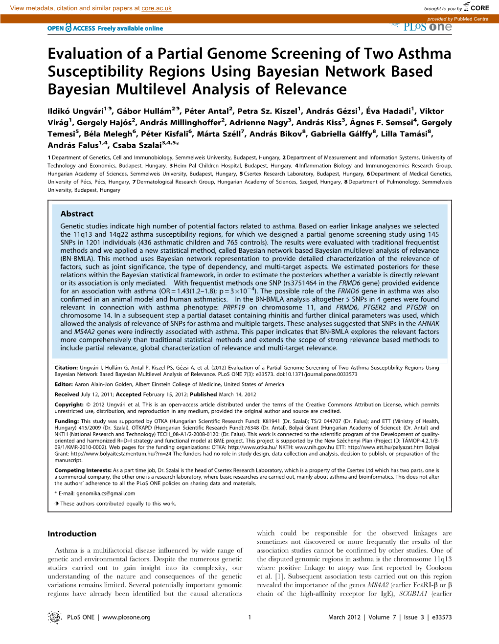 Evaluation of a Partial Genome Screening of Two Asthma Susceptibility Regions Using Bayesian Network Based Bayesian Multilevel Analysis of Relevance