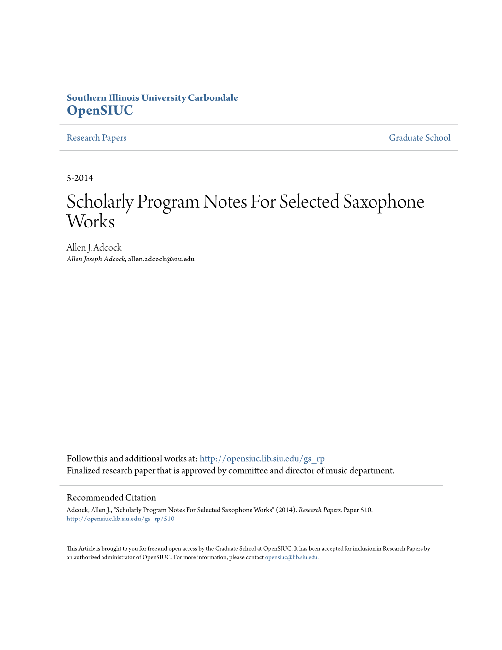 Scholarly Program Notes for Selected Saxophone Works Allen J