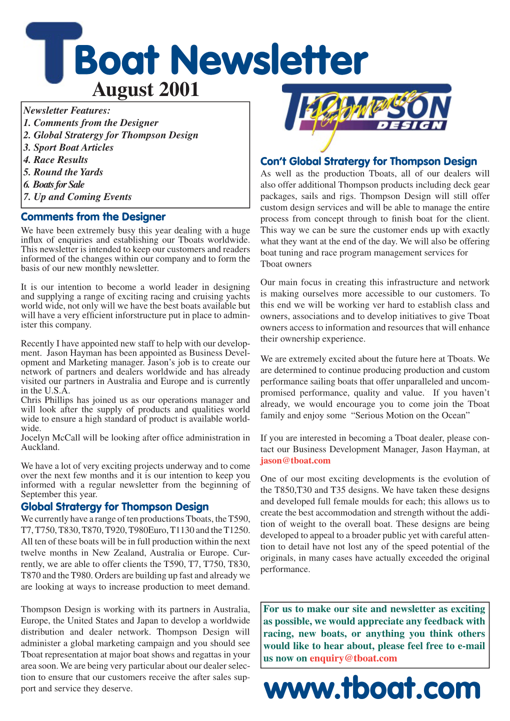 Boat Newsletter August 2001 Newsletter Features: 1