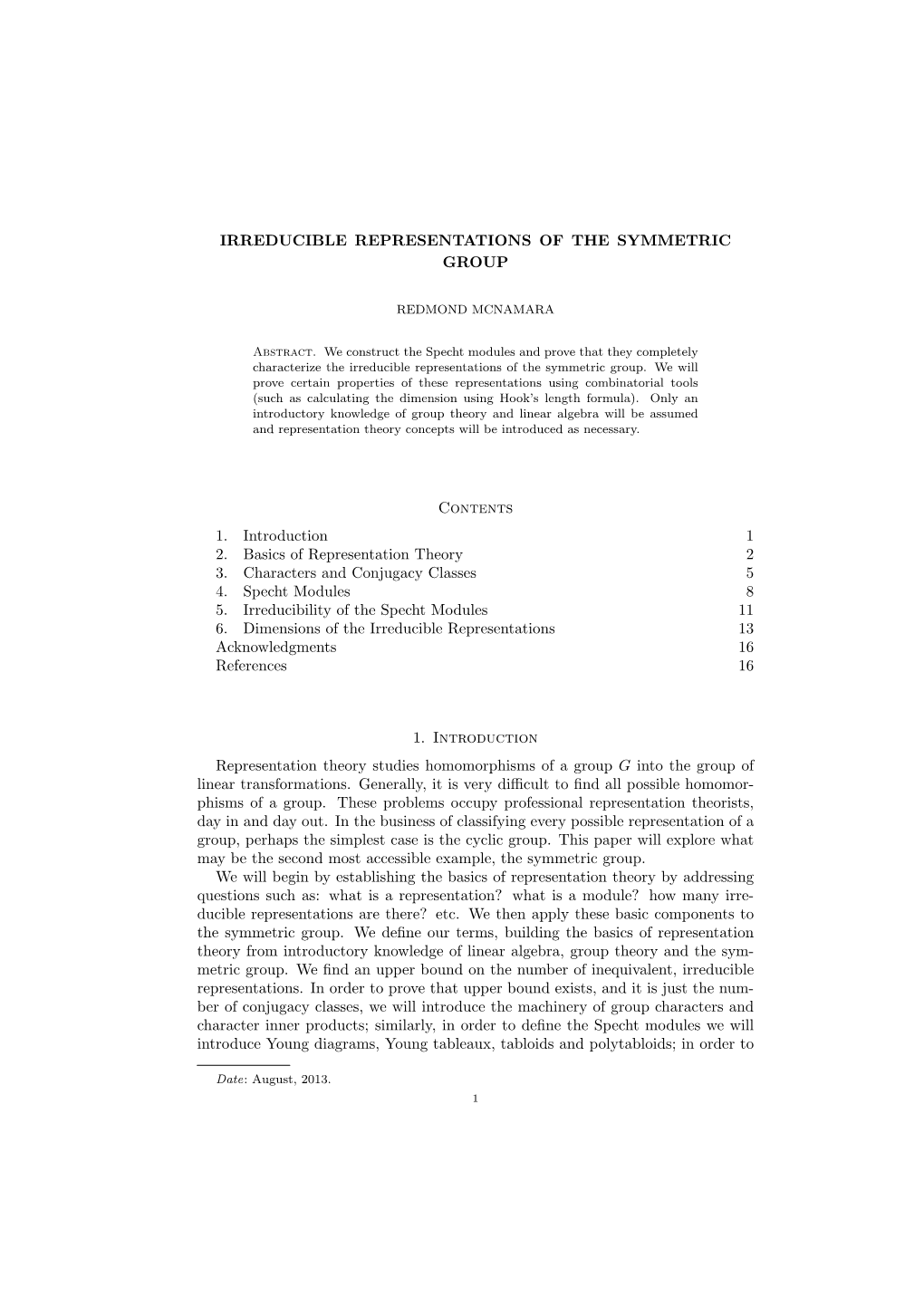 Irreducible Representations of the Symmetric Group