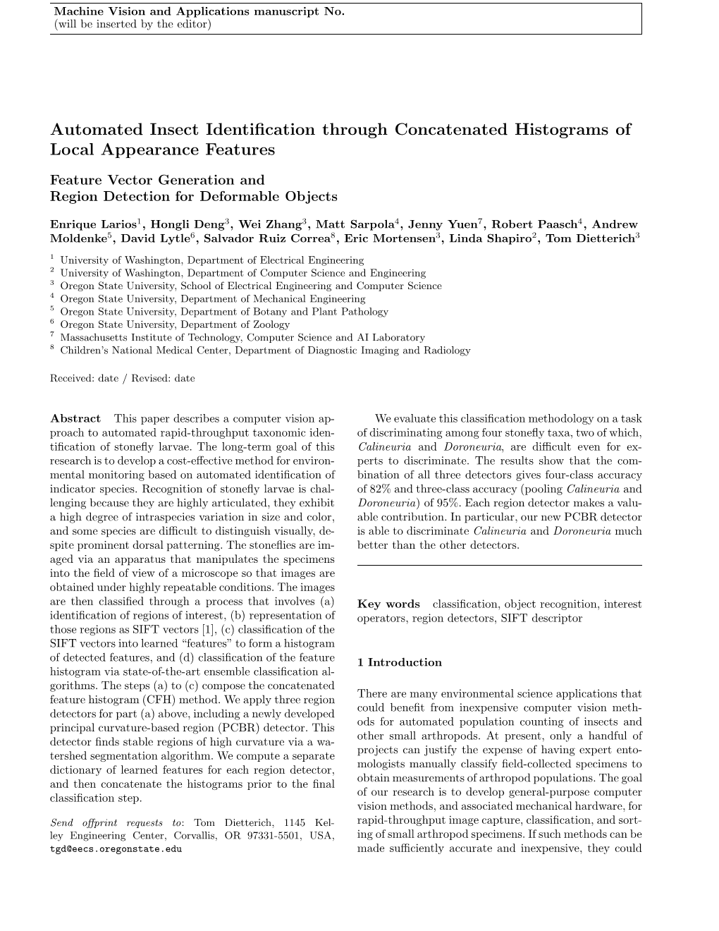 Automated Insect Identification Through Concatenated Histograms