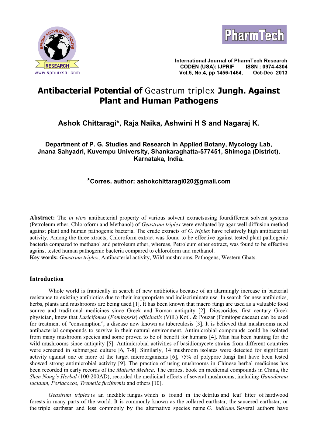 Antibacterial Potential of Geastrum Triplex Jungh. Against Plant and Human Pathogens