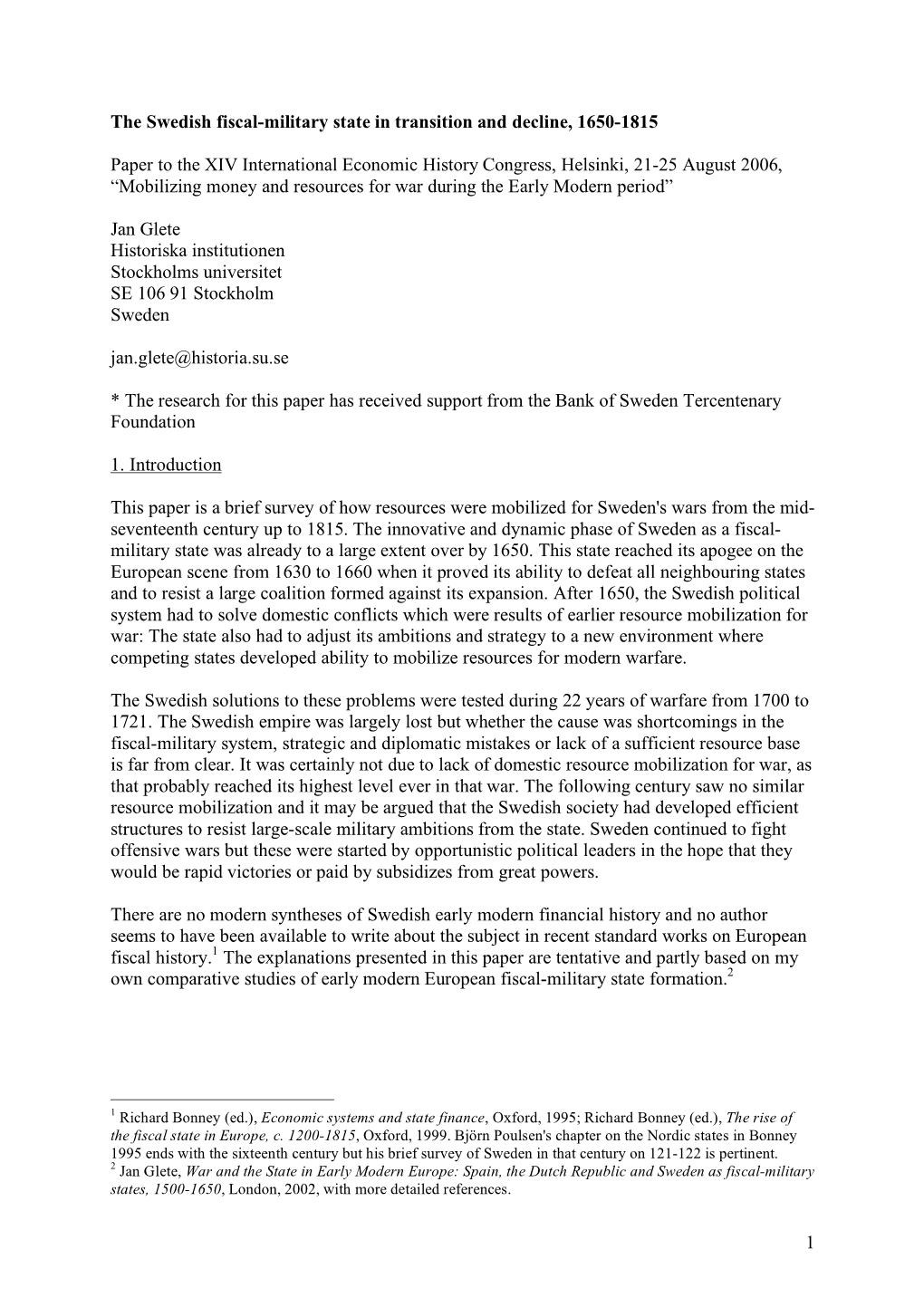 1 the Swedish Fiscal-Military State in Transition and Decline, 1650-1815