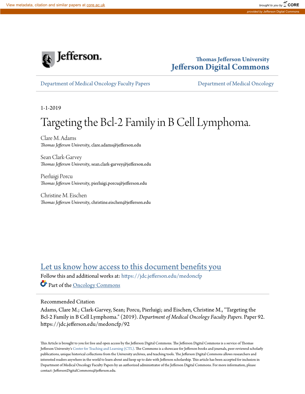 Targeting the Bcl-2 Family in B Cell Lymphoma. Clare M