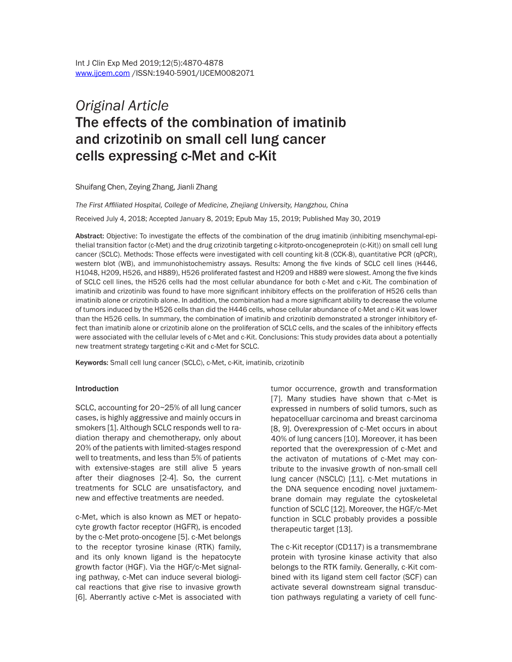 Original Article the Effects of the Combination of Imatinib and Crizotinib on Small Cell Lung Cancer Cells Expressing C-Met and C-Kit