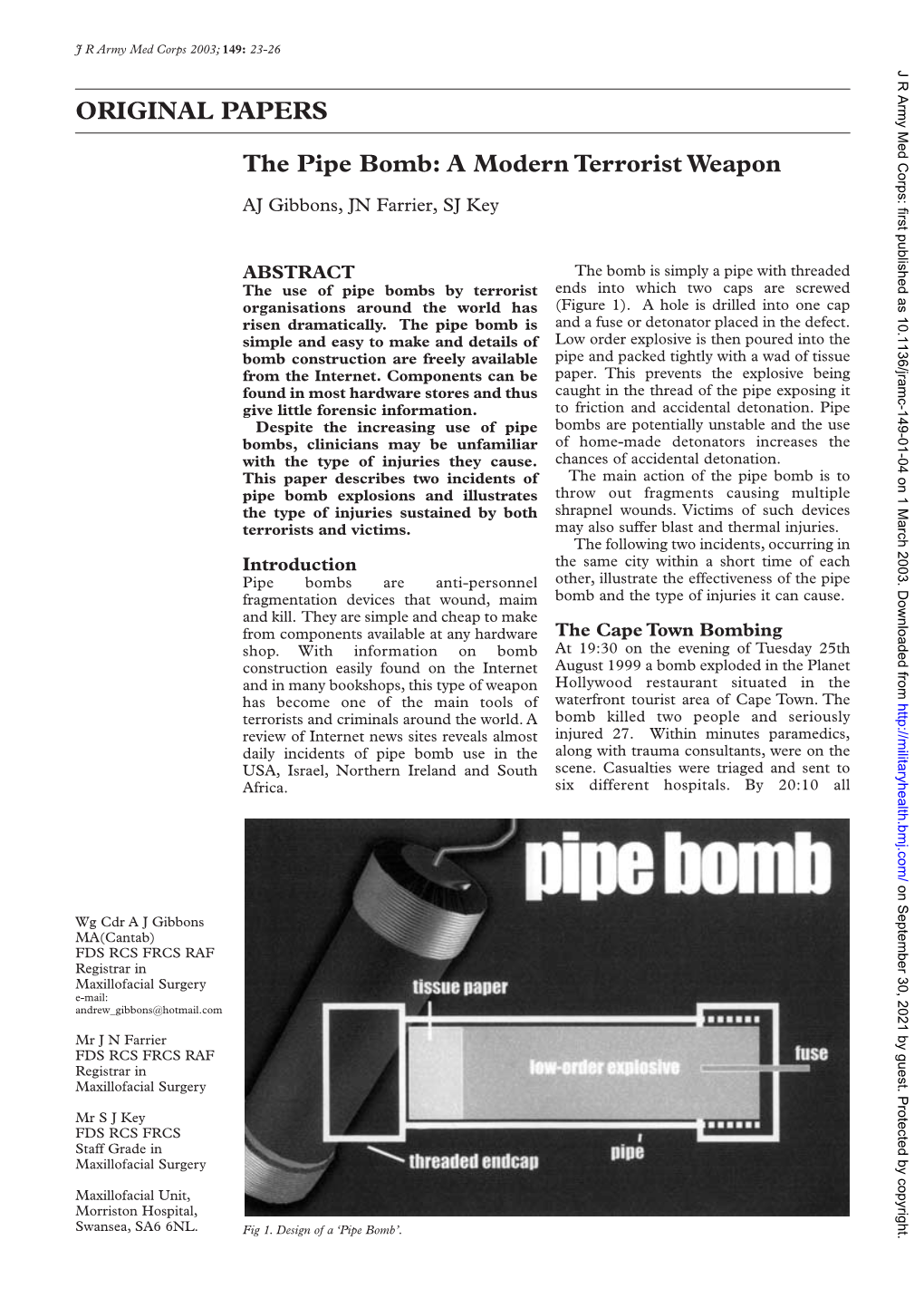 ORIGINAL PAPERS the Pipe Bomb: a Modern Terrorist Weapon