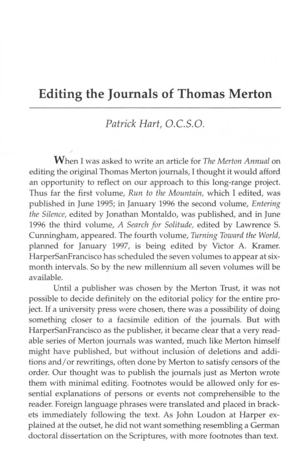 Editing the Journals of Thomas Merton