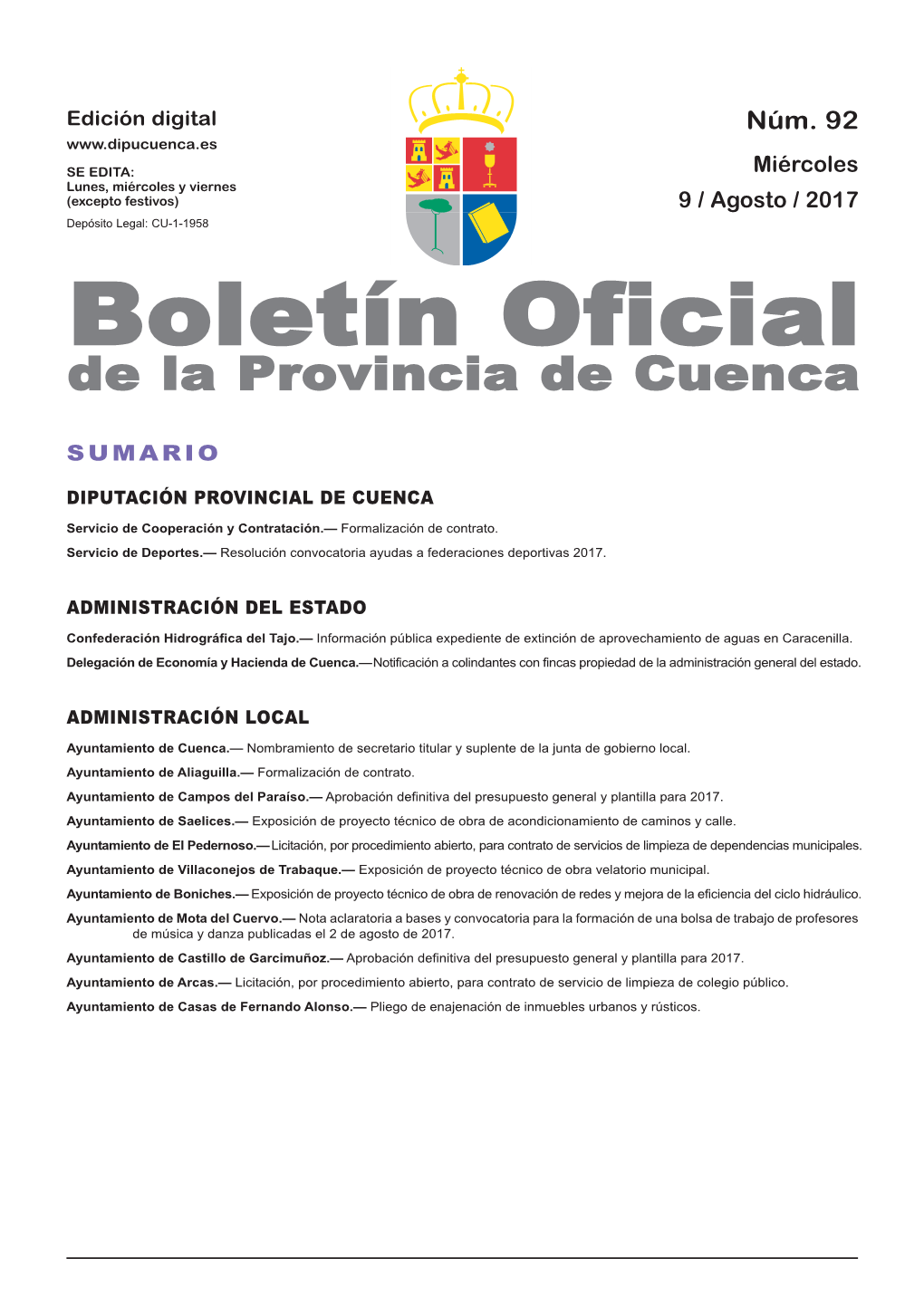 Boletín Oficial De La Provincia De Cuenca Sumario Diputación Provincial De Cuenca