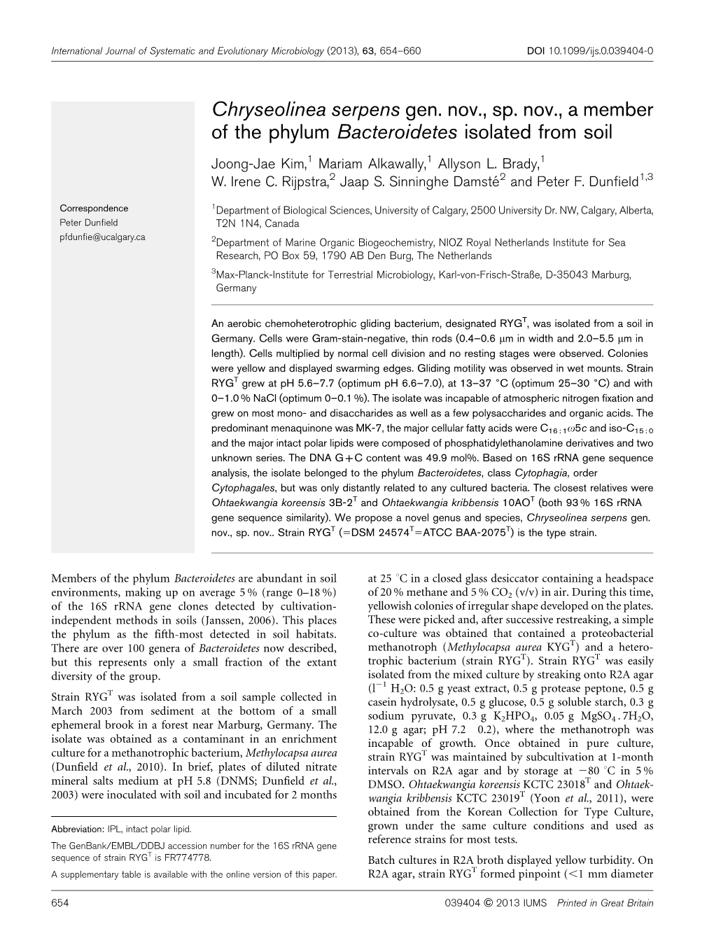 Chryseolinea Serpens Gen. Nov., Sp. Nov., a Member of the Phylum Bacteroidetes Isolated from Soil