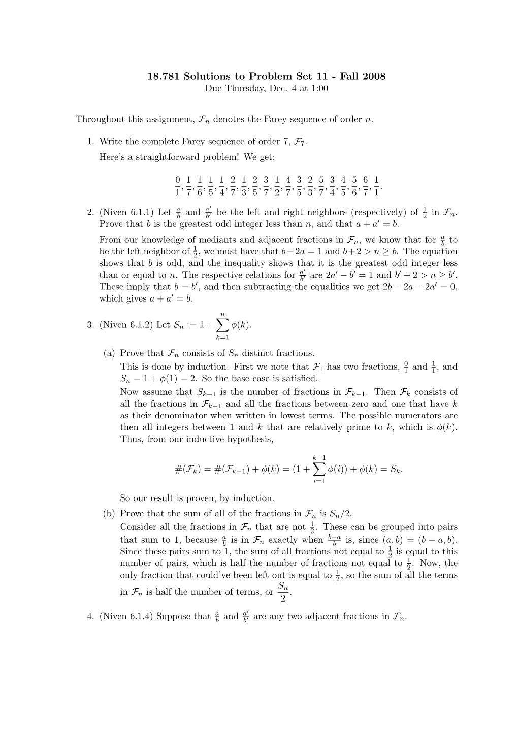 18.781 Solutions to Problem Set 11 - Fall 2008 Due Thursday, Dec