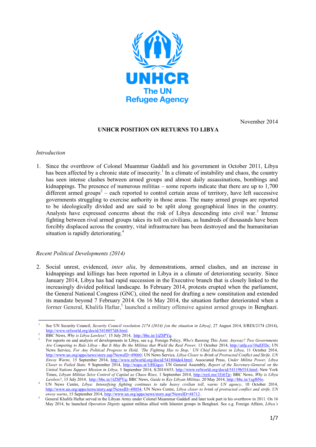 1/7 November 2014 UNHCR POSITION on RETURNS to LIBYA