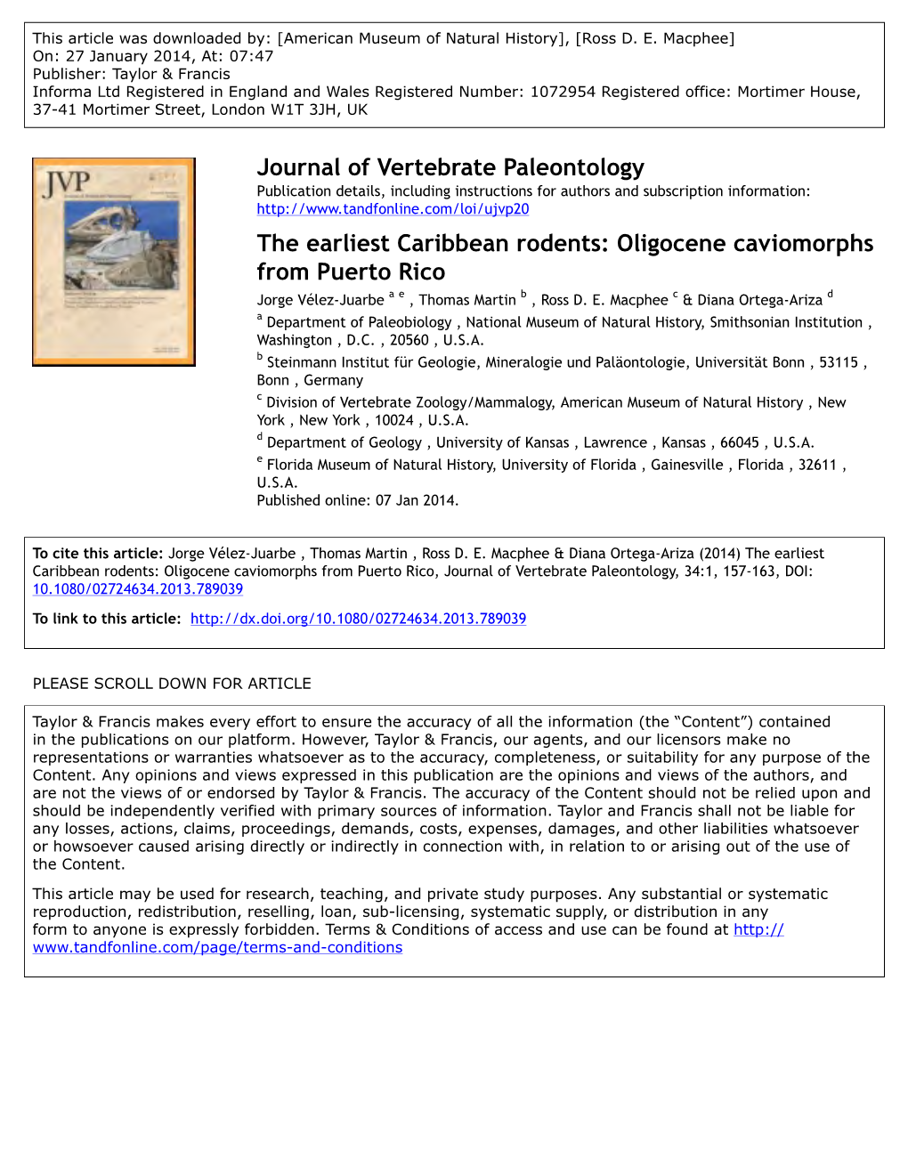 Journal of Vertebrate Paleontology the Earliest Caribbean Rodents