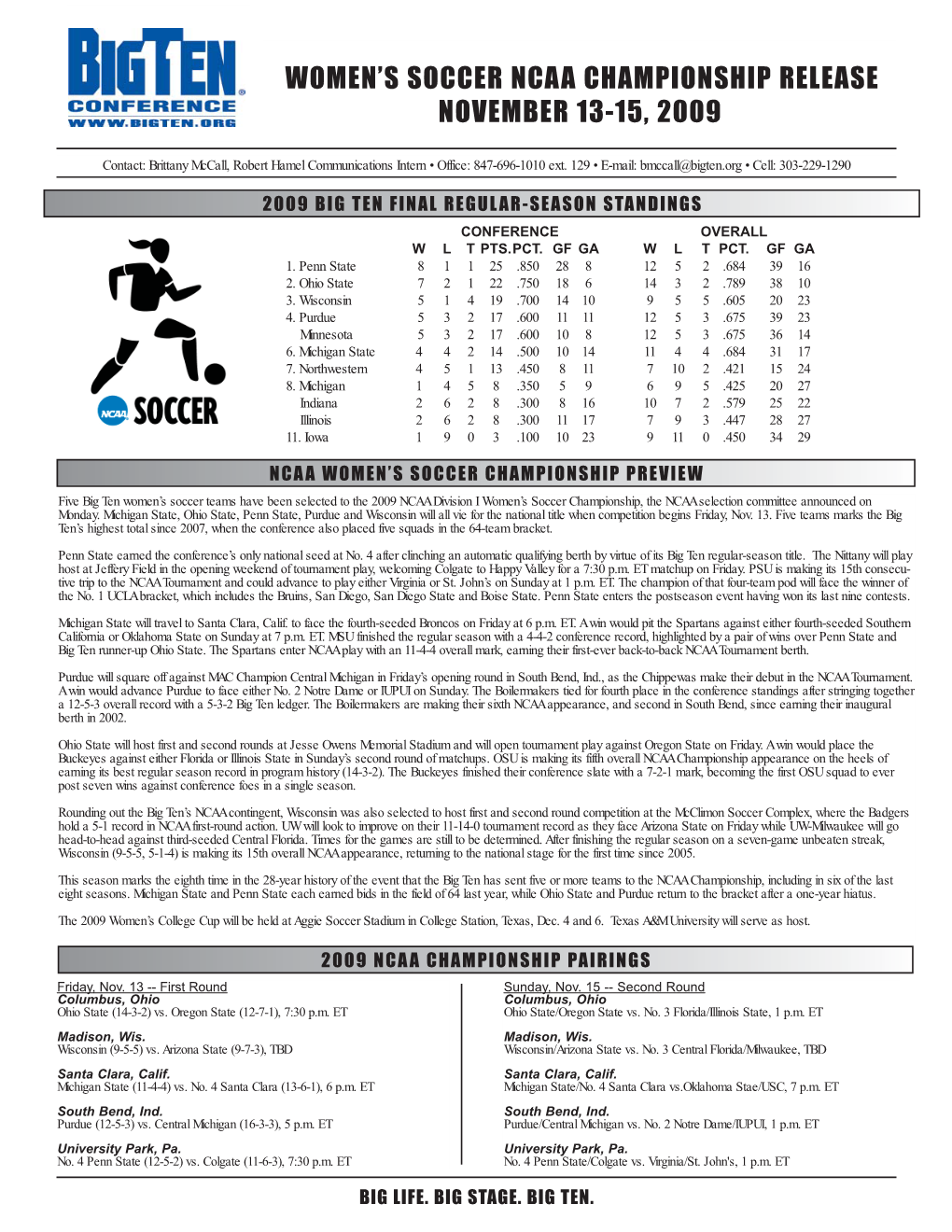 Women's Soccer Ncaa Championship Release November 13-15, 2009