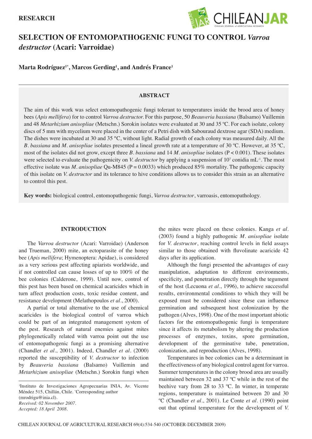 SELECTION of ENTOMOPATHOGENIC FUNGI to CONTROL Varroa Destructor (Acari: Varroidae)