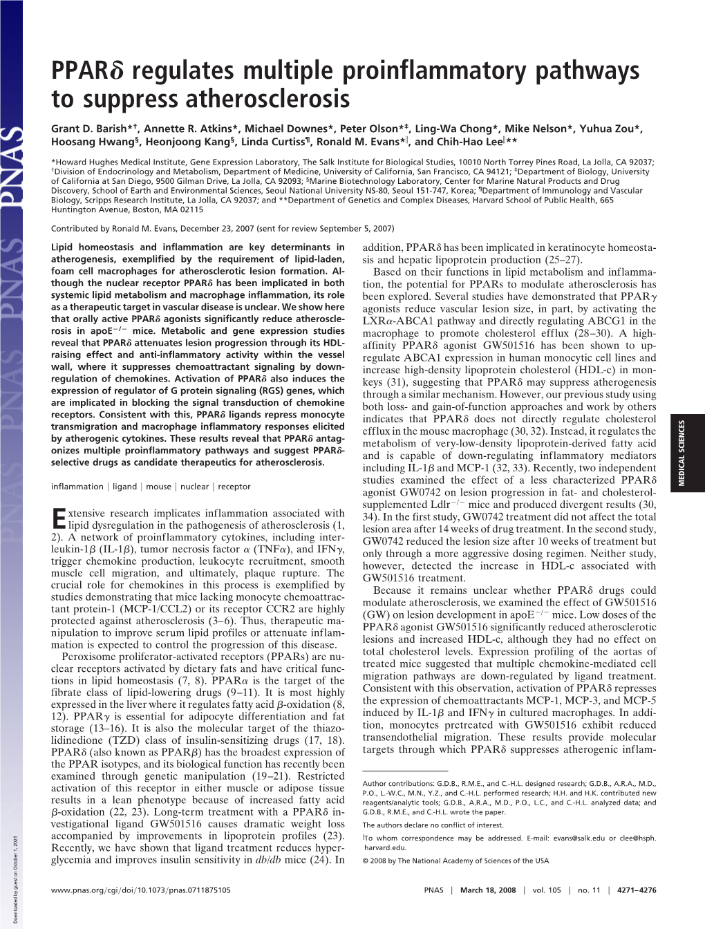 PPAR Regulates Multiple Proinflammatory Pathways To