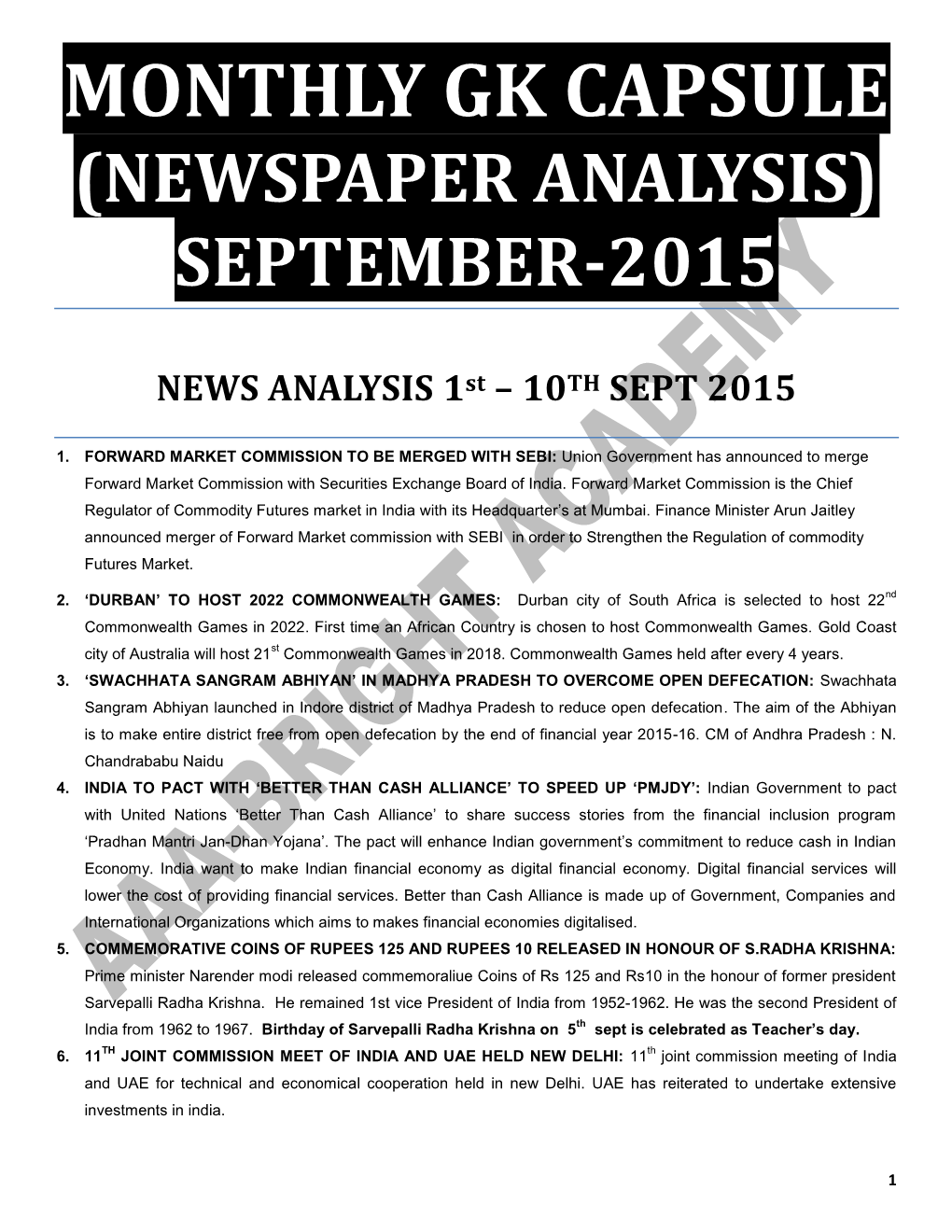 Monthly Gk Capsule (Newspaper Analysis) September-2015