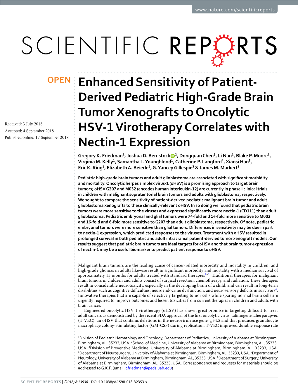 Derived Pediatric High-Grade Brain Tumor Xenografts to Oncolytic HSV