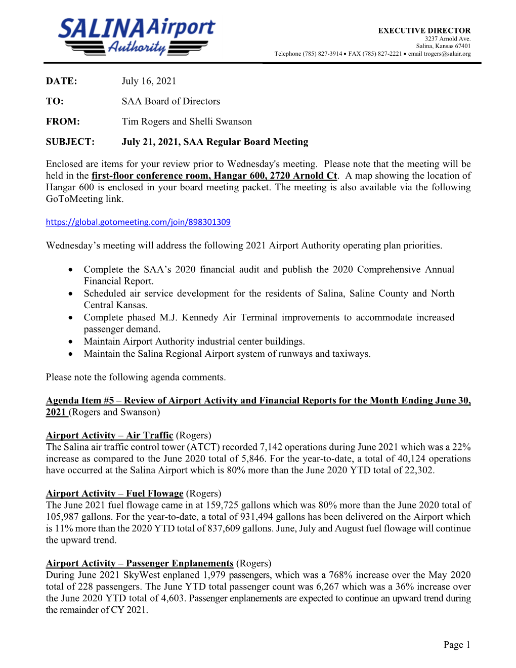 DATE: July 16, 2021 TO: SAA Board of Directors FROM