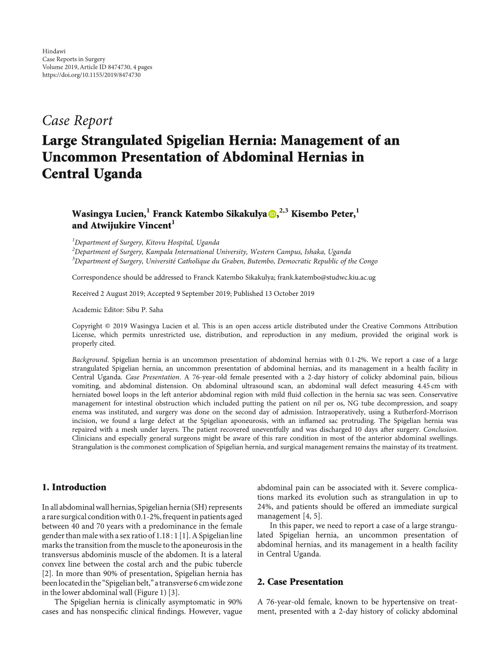 Case Report Large Strangulated Spigelian Hernia: Management of an Uncommon Presentation of Abdominal Hernias in Central Uganda