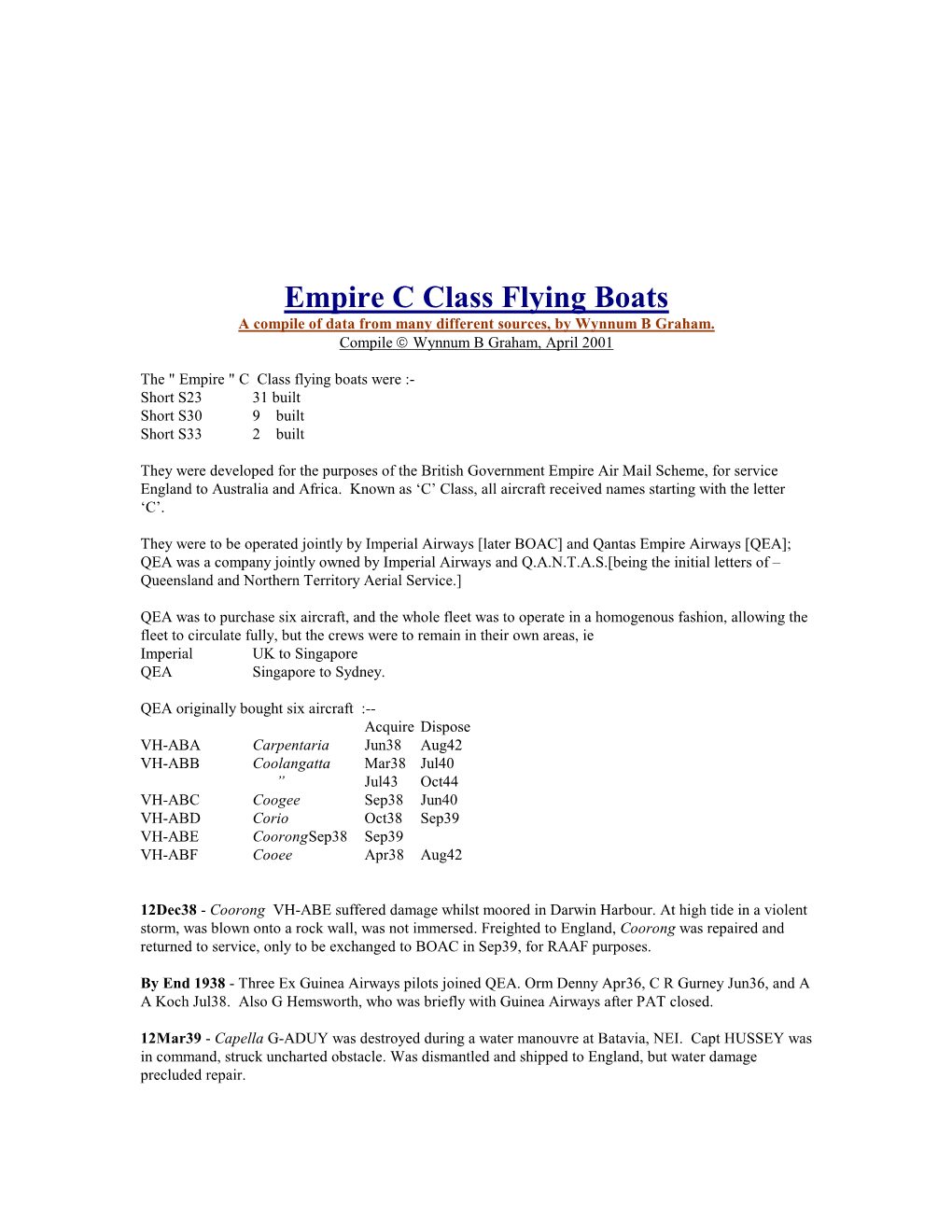 Empire C Class Flying Boats a Compile of Data from Many Different Sources, by Wynnum B Graham
