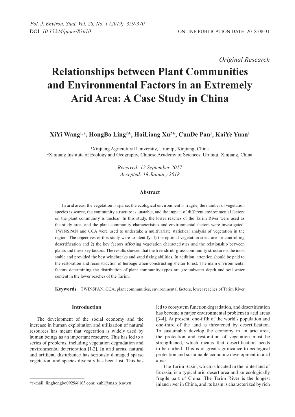 Relationships Between Plant Communities and Environmental Factors in an Extremely Arid Area: a Case Study in China