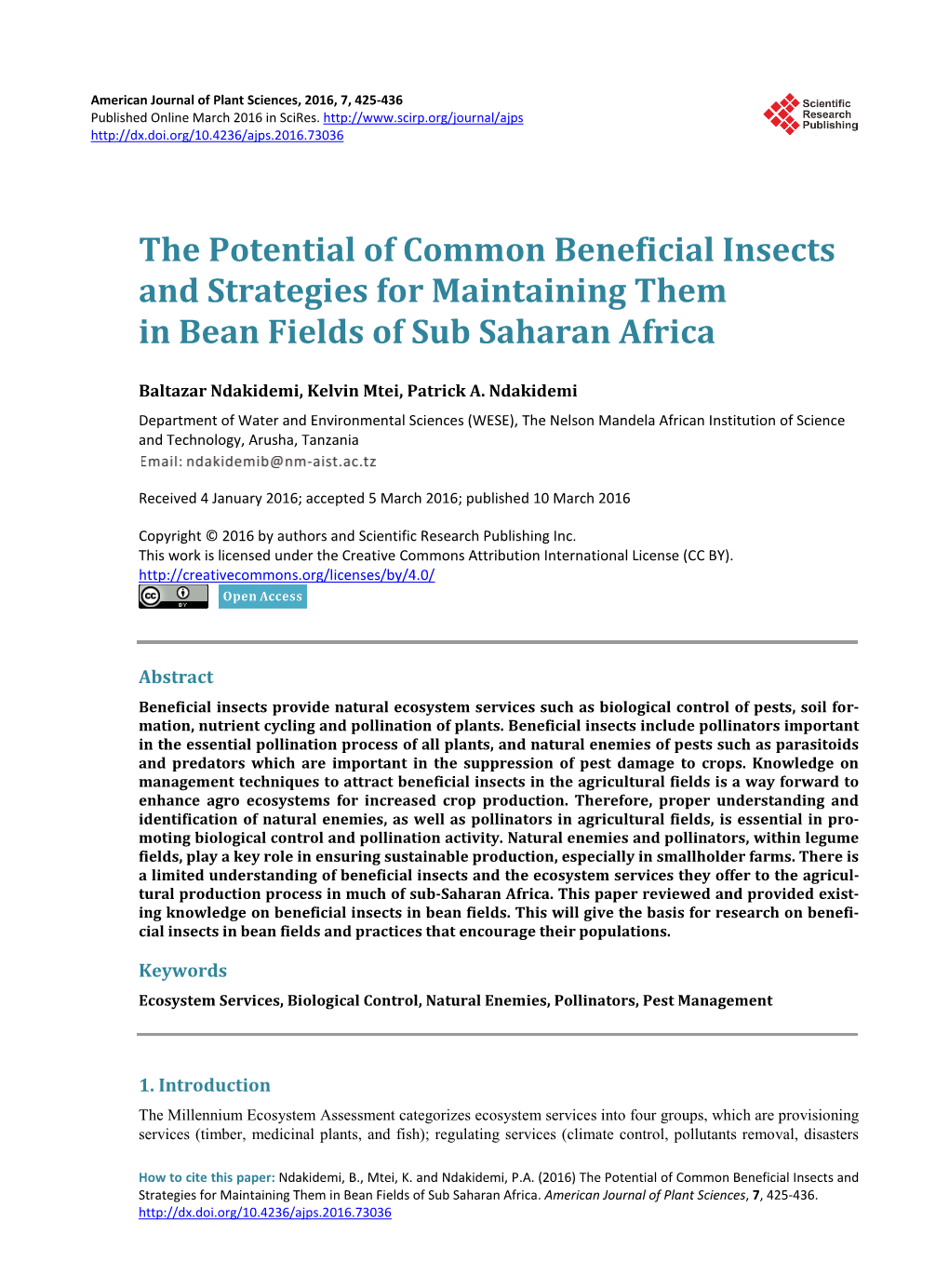 The Potential of Common Beneficial Insects and Strategies for Maintaining Them in Bean Fields of Sub Saharan Africa