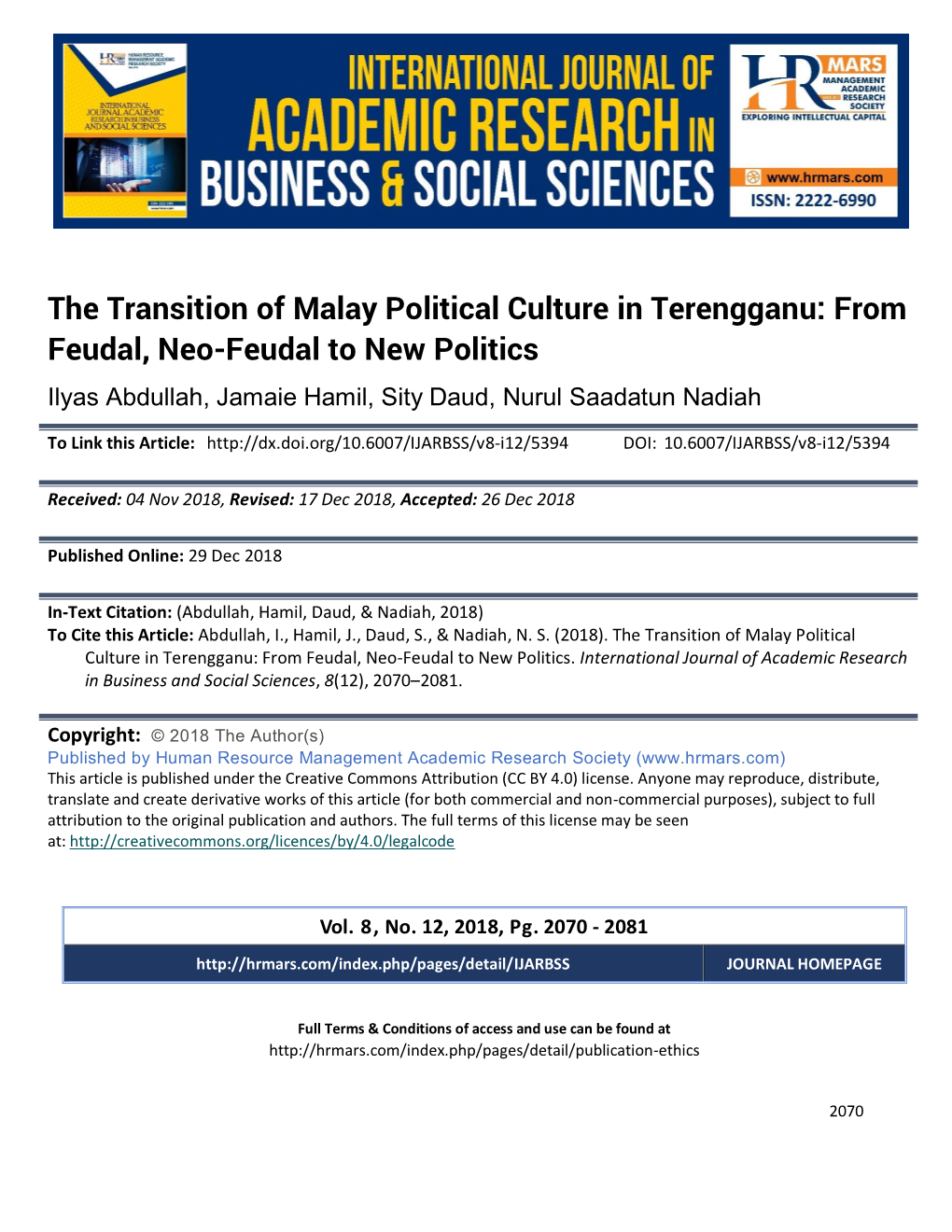 The Transition of Malay Political Culture in Terengganu: from Feudal, Neo-Feudal to New Politics