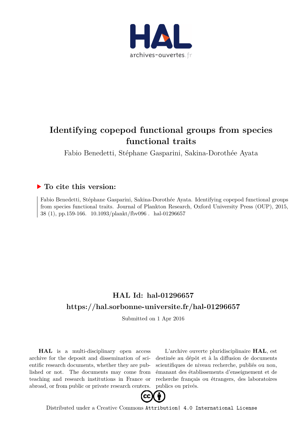 Identifying Copepod Functional Groups from Species Functional Traits Fabio Benedetti, Stéphane Gasparini, Sakina-Dorothée Ayata