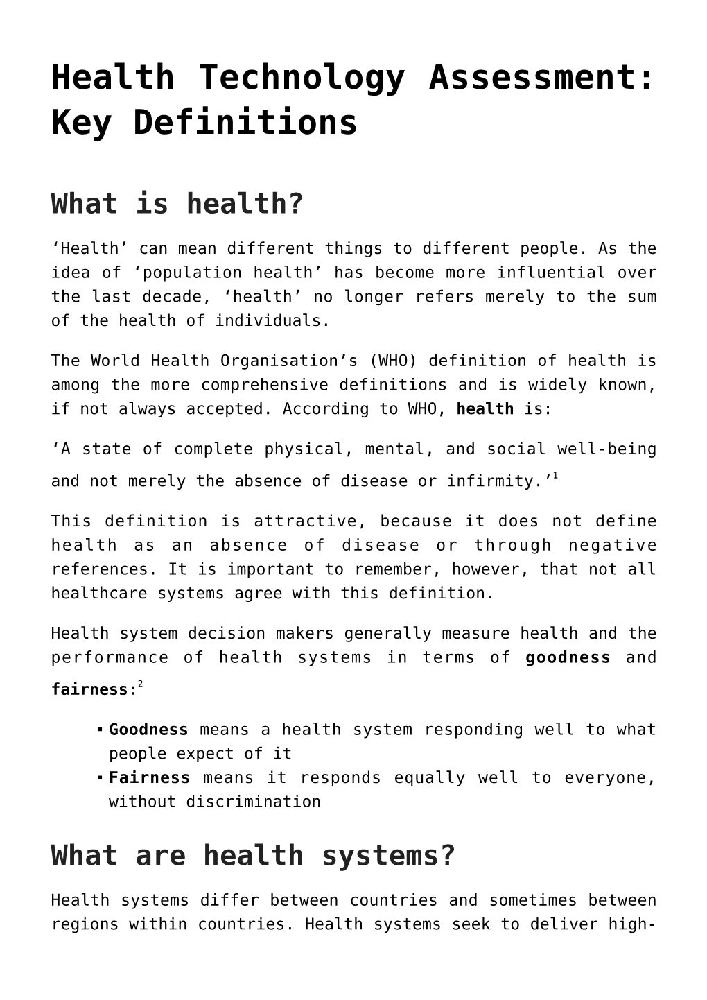 Health Technology Assessment: Key Definitions