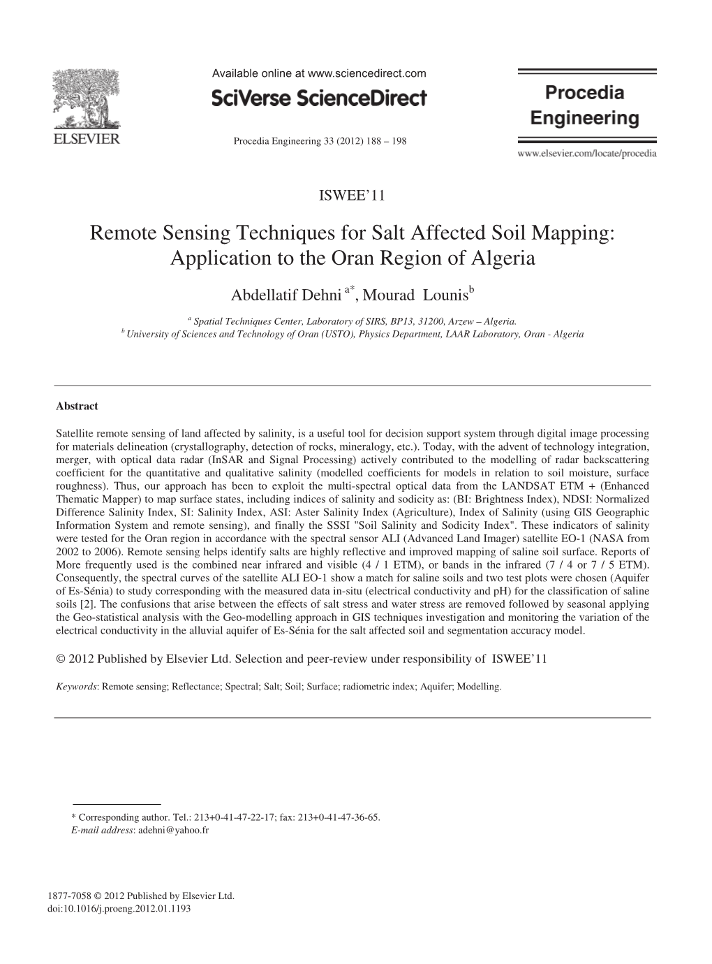 Remote Sensing Techniques for Salt Affected Soil Mapping: Application to the Oran Region of Algeria