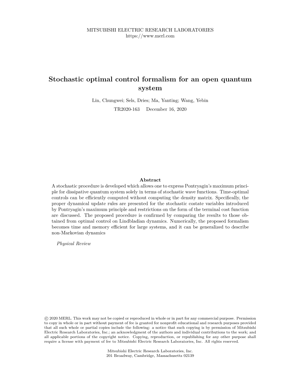Stochastic Optimal Control Formalism for an Open Quantum System /Author=Lin, Chungwei; Sels, Dries; Ma, Yanting; Wang, Yebin