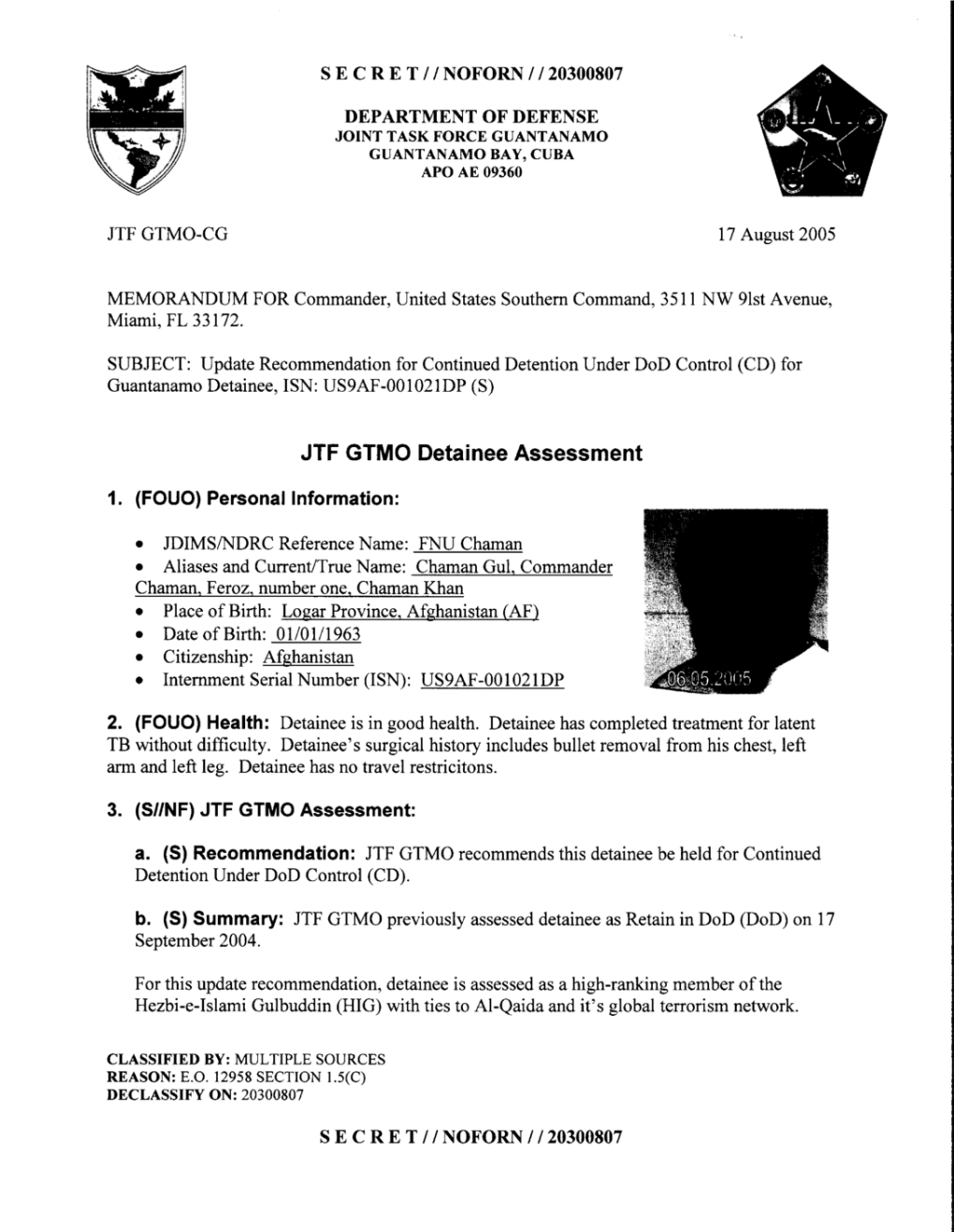 JTF GTMO Detainee Assessment 1. (FOUO) Personal Information