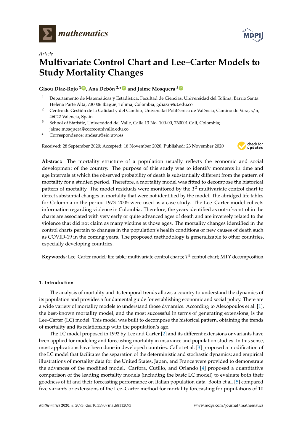 Multivariate Control Chart and Lee–Carter Models to Study Mortality Changes