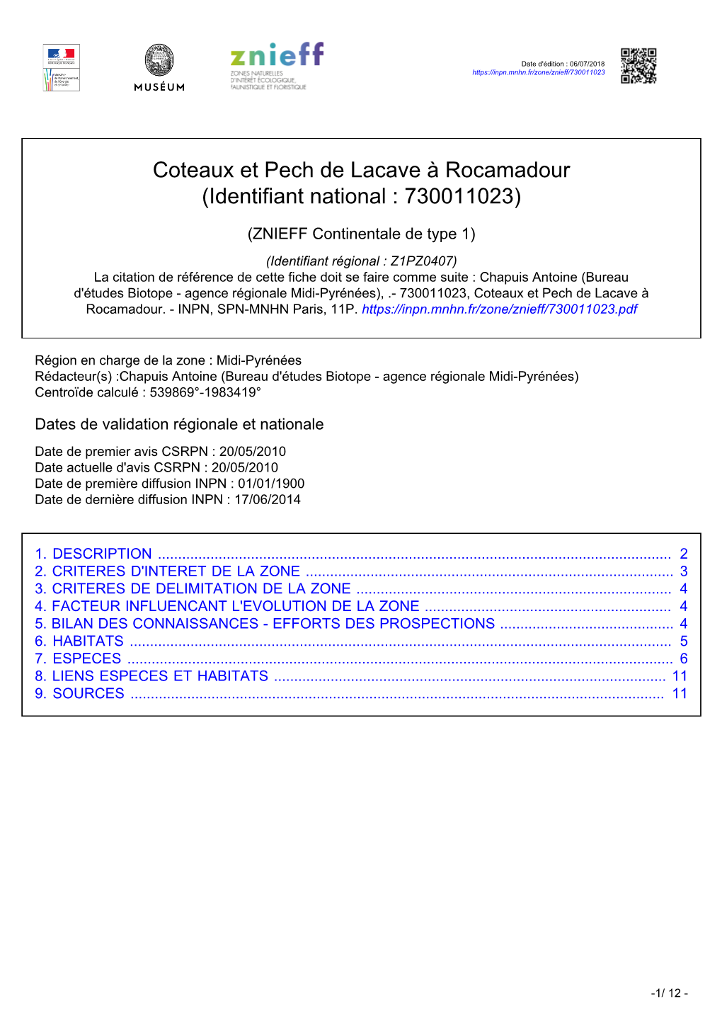 Coteaux Et Pech De Lacave À Rocamadour (Identifiant National : 730011023)