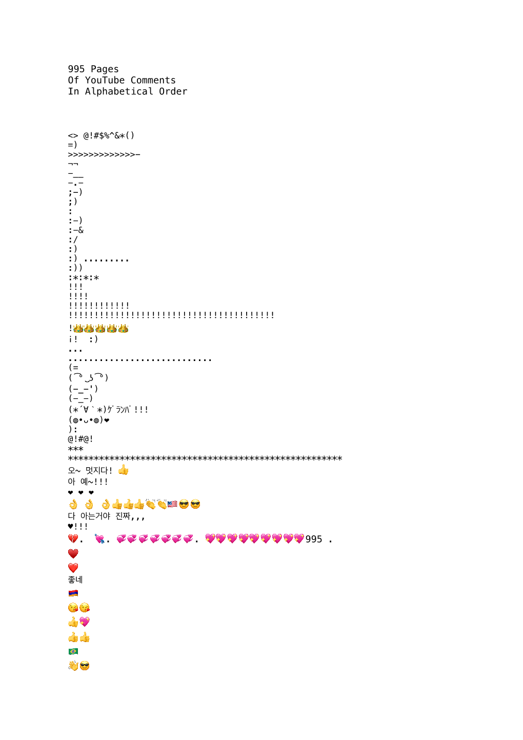 995 Pages of Youtube Comments in Alphabetical Order