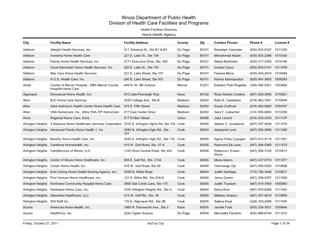 Illinois Department of Public Health Division of Health Care Facilities and Programs Health Facilities Directory Home Health Agency