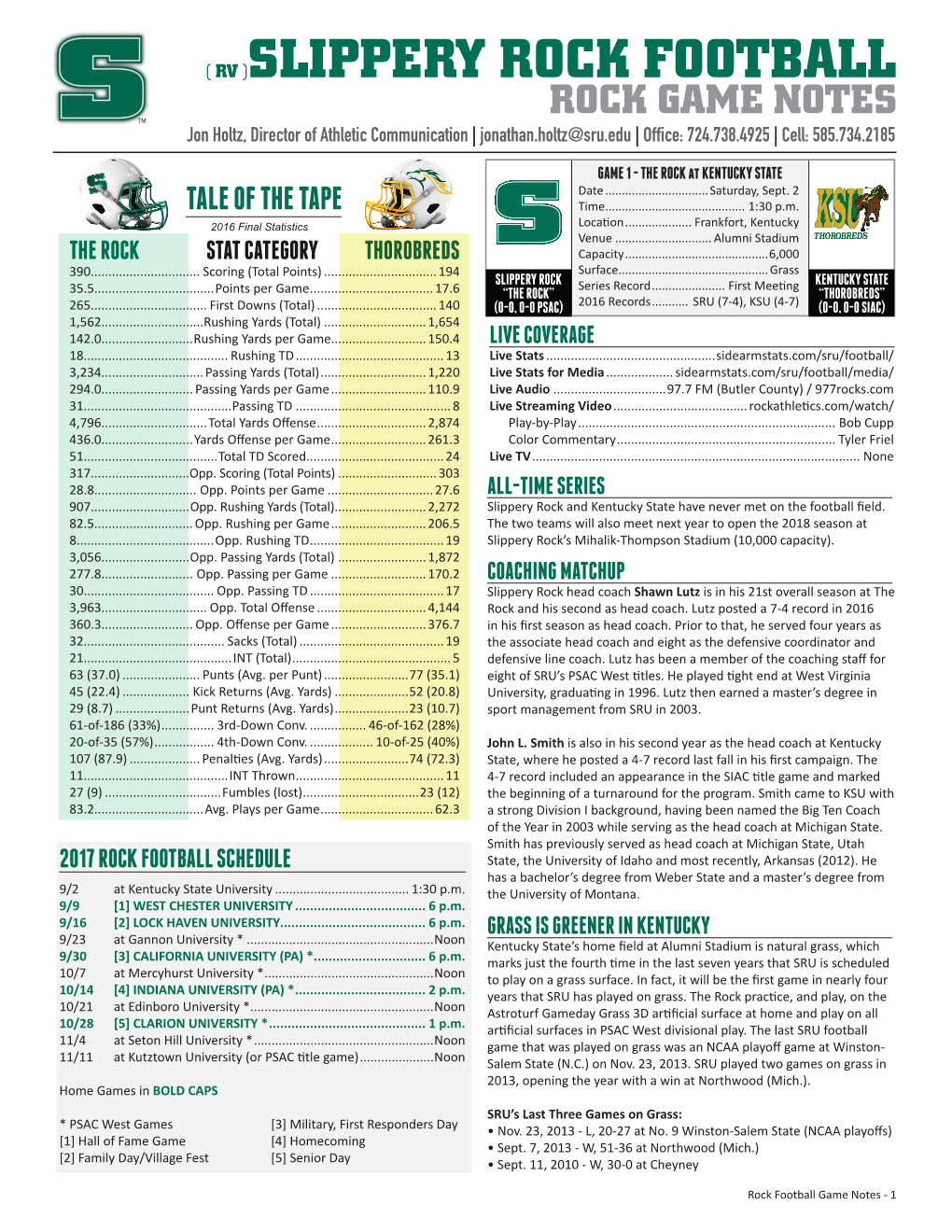 ( RV )SLIPPERY ROCK FOOTBALL ROCK GAME NOTES Jon Holtz, Director of Athletic Communication | Jonathan.Holtz@Sru.Edu | Office: 724.738.4925| Cell: 585.734.2185