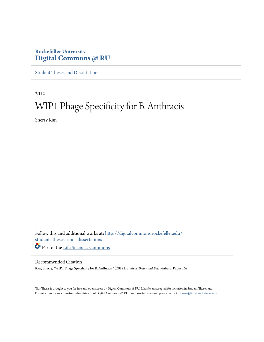 WIP1 Phage Specificity for B. Anthracis Sherry Kan