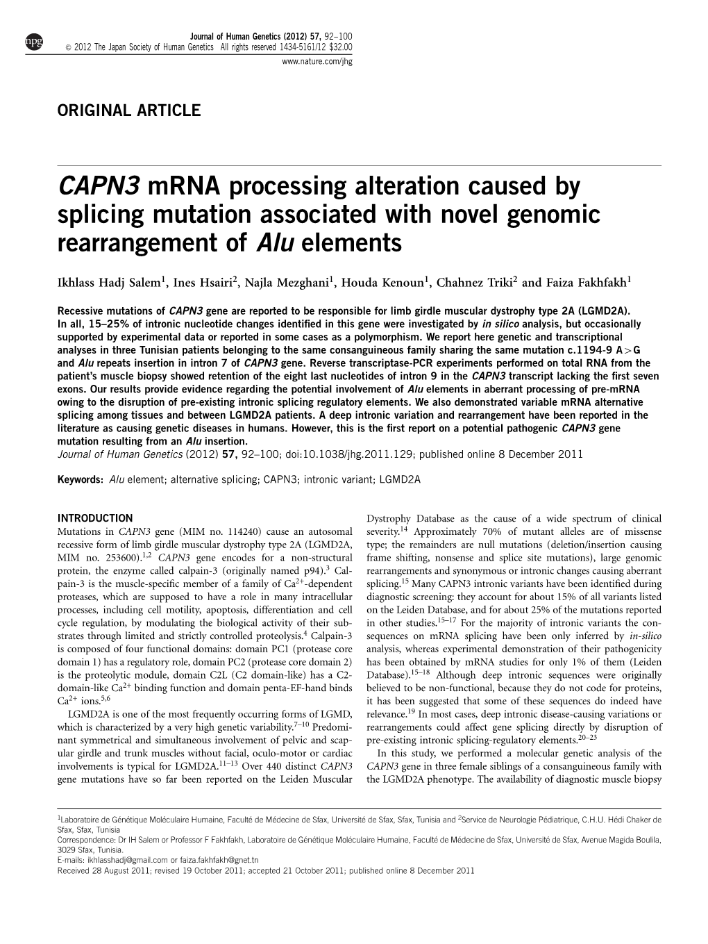 CAPN3 Mrna Processing Alteration Caused by Splicing Mutation Associated with Novel Genomic Rearrangement of Alu Elements