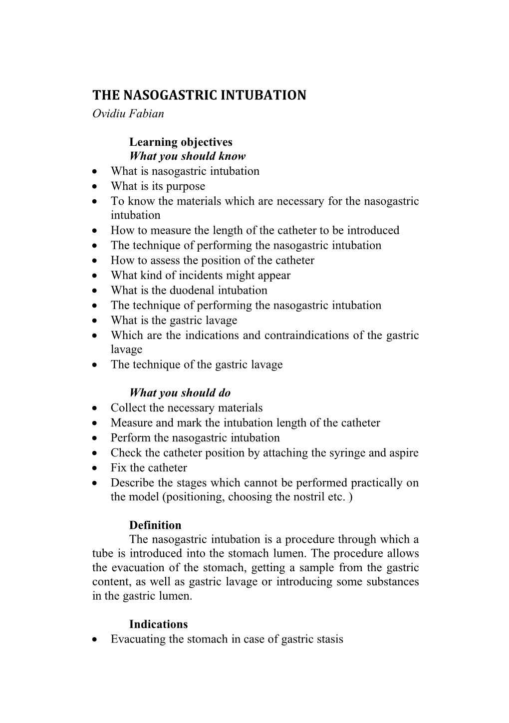 THE NASOGASTRIC INTUBATION Ovidiu Fabian