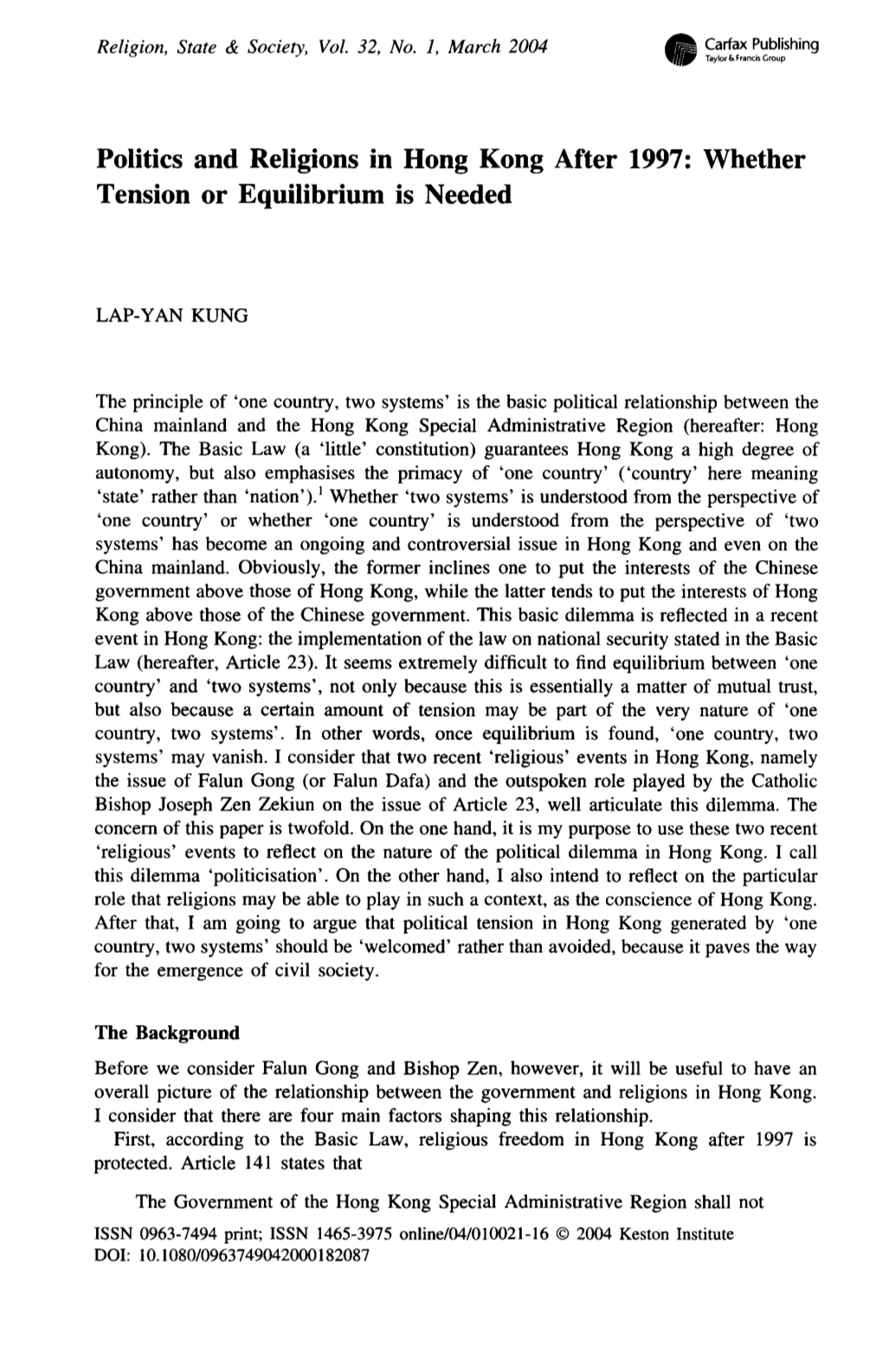 Politics and Religions in Hong Kong After 1997: Whether Tension Or Equilibrium Is Needed