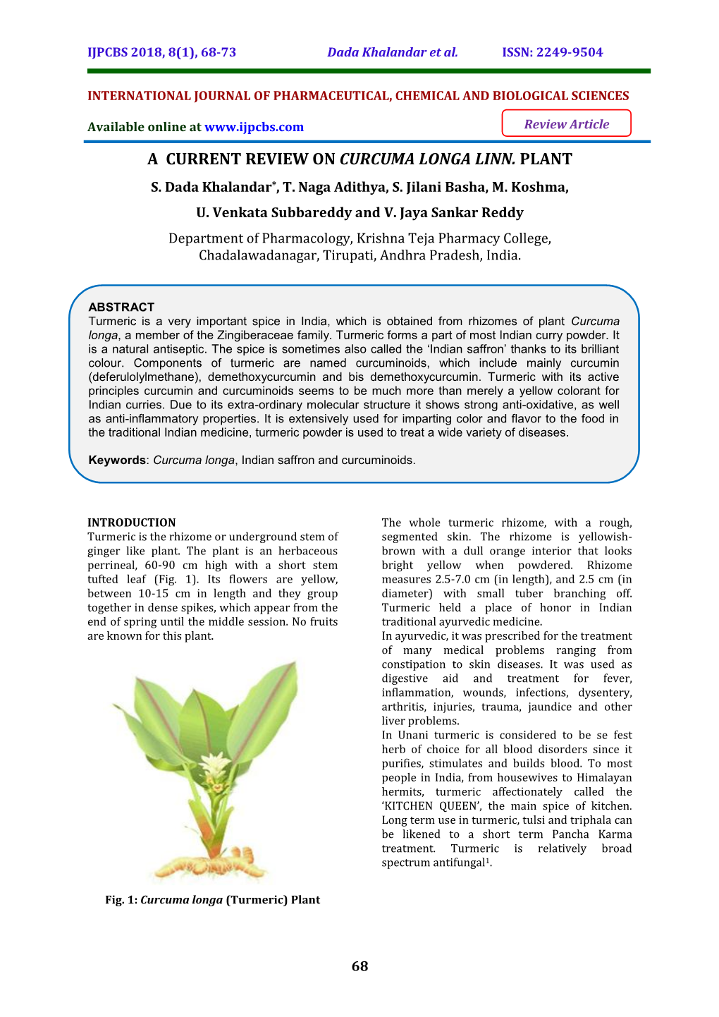 A Current Review on Curcuma Longa Linn. Plant S