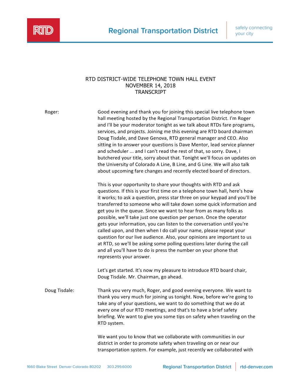 Rtd District-Wide Telephone Town Hall Event November 14, 2018 Transcript