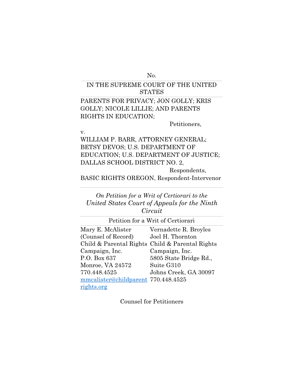 United States Court of Appeals for the Ninth Circuit ______Petition for a Writ of Certiorari ______Mary E